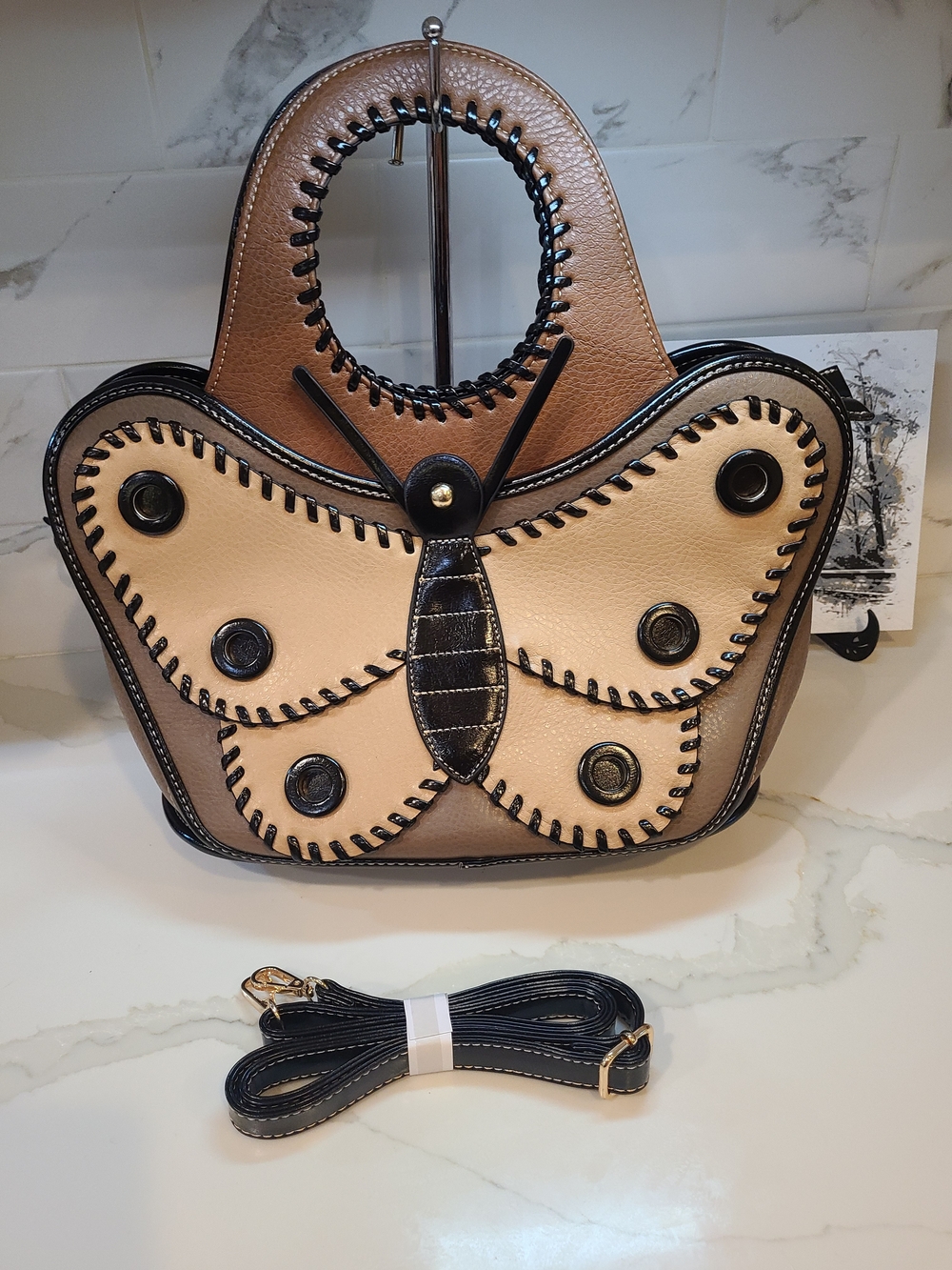 NWT Beige & Brown Butterfly Tote Bag - Picture 3 of 14